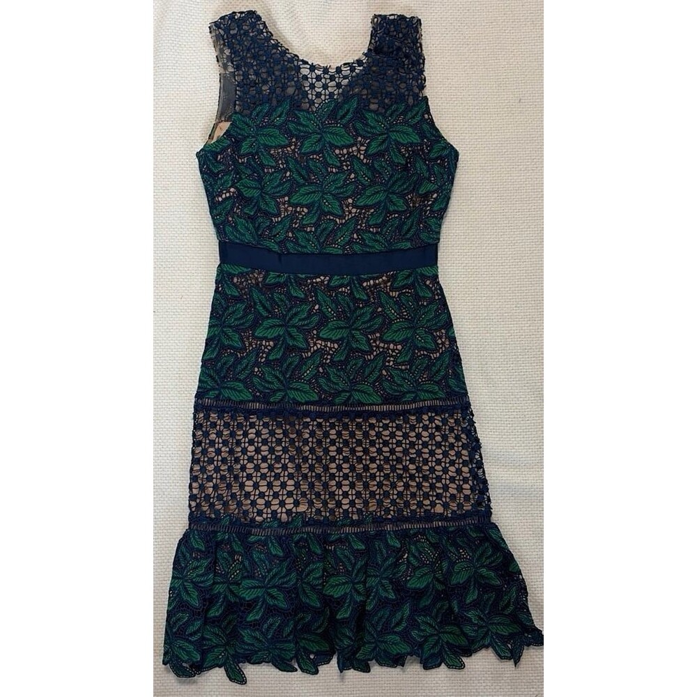 Belle Badgley Mischka Navy Green Lace Floral Dress Size 4 Cocktail Party